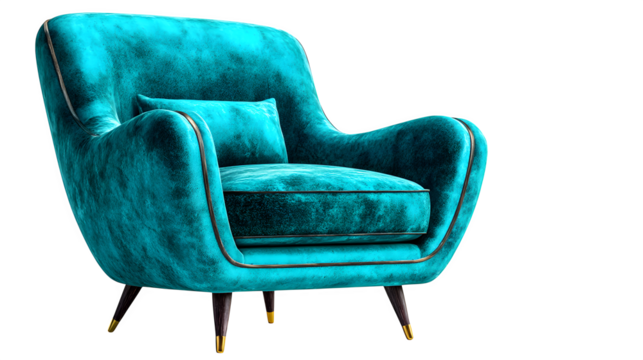 Luxurious teal velvet armchair isolated on transparent background