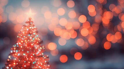 Festive Christmas tree adorned with colorful lights and star in winter setting