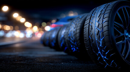 Row of modern performance tires captured in crisp detail, tread lines forming geometric patterns, illuminated subtly against a dark matte background