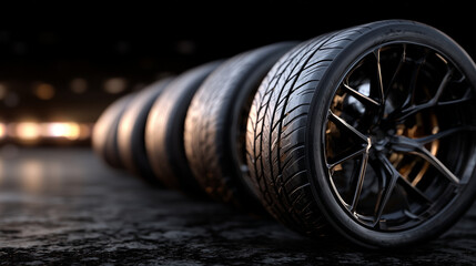 Row of modern performance tires captured in crisp detail, tread lines forming geometric patterns, illuminated subtly against a dark matte background