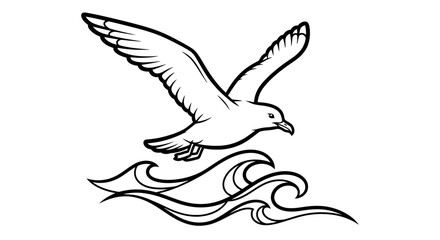 A bird flies over waves illustration in black and white simple design.