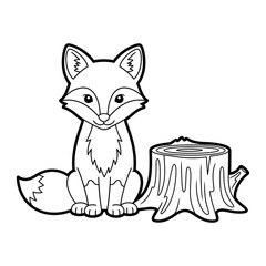 Obraz premium Line art drawing of a fox sitting next to a tree stump.