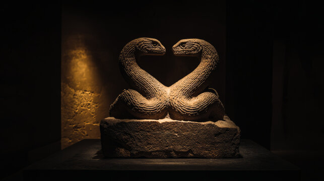 A fossilized two-headed serpent emerging dramatically from stone under museum lighting, evoking ancient mysteries.
