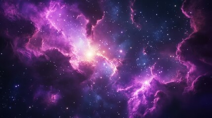 Vivid cosmic clouds in vibrant purple hues glow against the endless backdrop of space with shining stars and swirling energy.