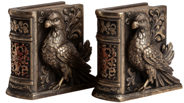 Antique silver eagle bookends isolated on transparent background