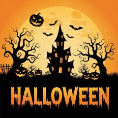 Spooky halloween castle with jackolanterns, bats, and dead trees against a full moon
