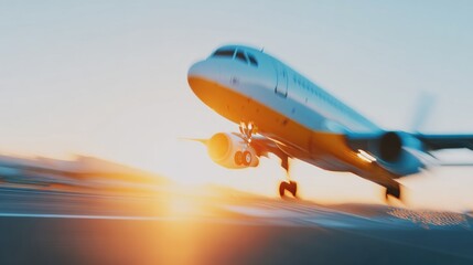 Airplane landing at sunset with bright colors lighting the sky