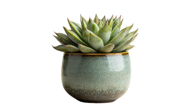 Green succulent plant sits in a decorative ceramic pot against a white background for indoor gardening concepts