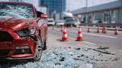 Roadside accident scene, damaged red car with scattered shards of glass, traffic cones creating perimeter around broken vehicle in urban environment