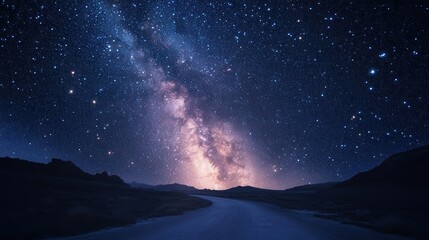 Fototapeta premium Stunning night sky filled with stars and the Milky Way over a quiet road in the mountains. A serene scene to inspire wonder and peace.