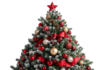 Decorated christmas tree with red and gold ornaments and a red star topper against a white background