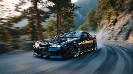 Fototapeta premium Low-angle shot of black sports car drifting, blurred trees rushing past, tires screeching against mountain asphalt, sense of motion amplified