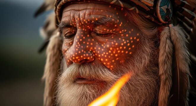 Close up of an elder man with tribal headpiece and fire illuminated face during a shamanic ritual. Ancient indigenous spiritual practice.