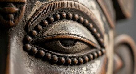 Close up of an eye on an african tribal mask. Ancient wooden carving details. Concept of african art, culture, and shamanism on display.