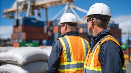 Workers in reflective vests inspecting wheat sacks at cargo terminal, background filled with stacked shipping containers under blue sky