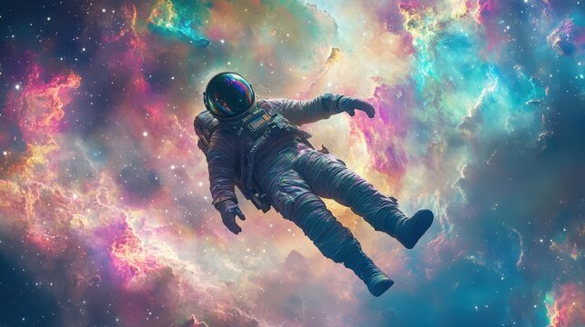 Astronaut floating in a colorful cosmic space. Explore the beauty of the universe and the mysteries of outer space.