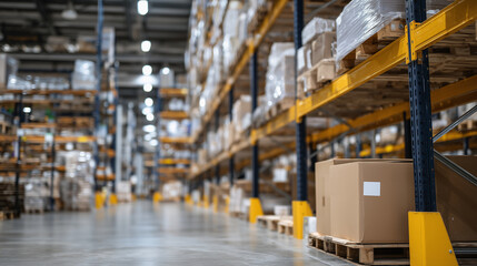 Warehouse aisle perspective with single box in sharp detail on a shelf, endless symmetry of stacked inventory boxes disappearing into distance