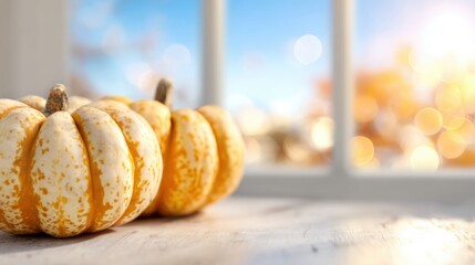 Colorful pumpkins on a rustic table near a bright window in autumn