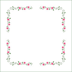 Colorful vegetal ornamental frame with green leaves and pink flowers, decorative border, corners for greeting cards, banners, business cards, invitations, menus. Isolated vector illustration.	