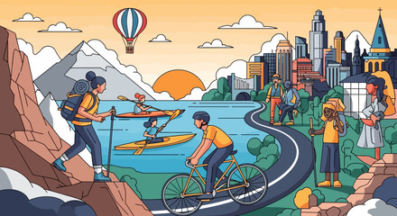 Outdoor Adventure Activities in Nature and City Landscape Vector Illustration