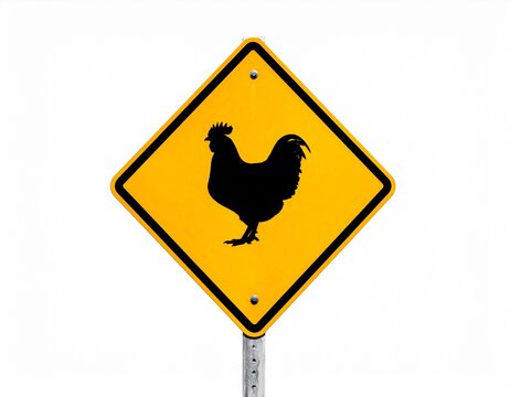 Yellow diamond-shaped warning sign with a black silhouette of a rooster indicating poultry crossing ahead.