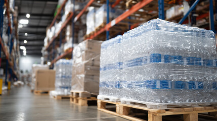 Detailed perspective of wrapped plastic bottle stacks on wooden pallets, warehouse aisles extending into blurred distance, emphasizing logistics and storage efficiency