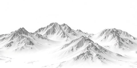 Snow covered mountain range with foggy valleys isolated on a transparent background