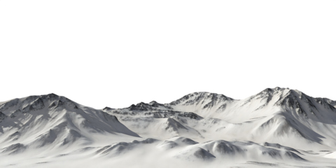 Snow covered mountain range with dramatic peaks isolated on a transparent background