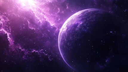 Fototapeta premium A stunning view of a purple planet surrounded by bright cosmic clouds and stars in the vast universe, showcasing the beauty of space.