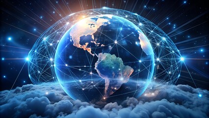 Global network connections illuminate the earth, symbolizing digital innovation and worldwide connectivity in a stunning cosmic scene.