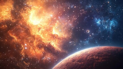 Obraz premium A stunning cosmic scene featuring a vibrant galaxy and a distant planet. Explore the beauty of space in this breathtaking image.