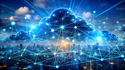 Fototapeta premium Dynamic digital cloud network connecting glowing city skyline under vibrant blue sky with bright lights
