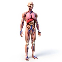Human Anatomy Front View Medical Illustration of Internal Organs, Circulatory System and Skeleton