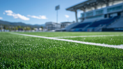 Close-up of bright green artificial turf blades glistening under sunlight, sports complex with stadium seating blurred in background