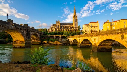 Riverfront town with church and bridge at golden hour
