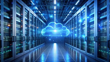 Stunning futuristic data center with glowing cloud graphic symbolizing digital transformation and connectivity