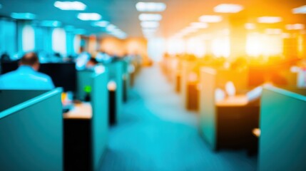 Busy office environment during sunrise with employees at workstations