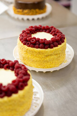 Decorated raspberry cake with cream and crumbs on metal table in pastry kitchen