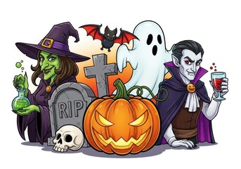 Halloween characters including a witch, vampire, ghost, bat, pumpkin, and tombstone isolated on white background