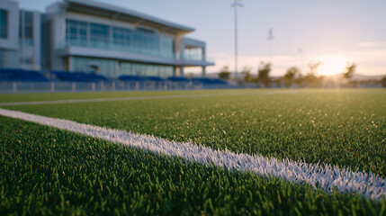 Low-angle perspective of artificial turf field, sunlit blades stretching toward camera, modern sports complex architecture in soft background