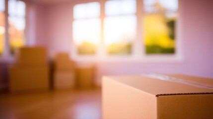 Moving boxes stacked in bright room with sunlit windows during afternoon