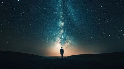 Fototapeta premium A person stands alone under a starry sky, gazing at the Milky Way with wonder and awe. The night is full of possibilities and dreams.