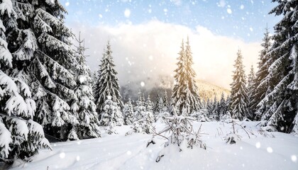 Obraz premium Snowy mountain forest at sunrise