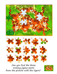 Fototapeta premium Game find and search. Can you find the three missing jigsaw parts from the picture with the tigers? Logic puzzle for children and adults. Flat hand drawn vector. Page for kids brain teaser book. 