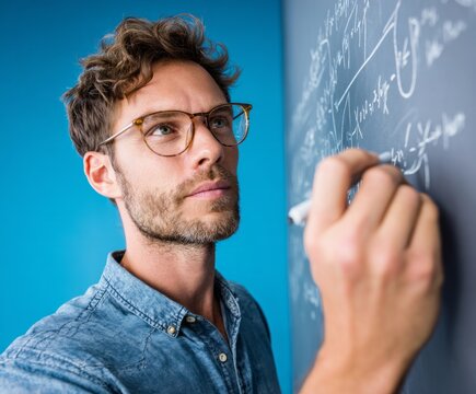 A focused man in eyeglasses, concentrating on writing equations on a chalkboard, set against a vivid blue background.