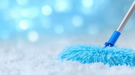 Innovative cleaning method shown with blue mop on soft carpet surface