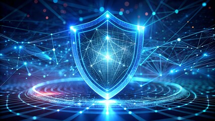 Secure digital shield glowing with advanced network connections and futuristic data streams protecting information
