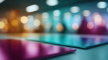 Colorful materials arranged on a table in a vibrant workspace at dusk
