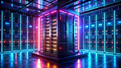 Dynamic server room with glowing neon lights, advanced technology hub for data processing and digital infrastructure