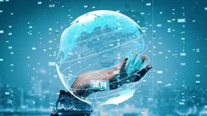 A hand is gracefully holding a digital representation of the Earth surrounded by data points and graphs, symbolizing global connectivity and modern technology in a futuristic setting. Xenic